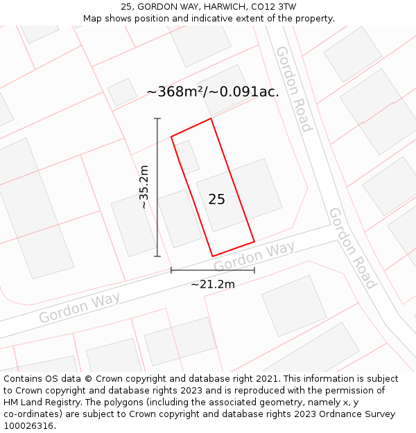 25, GORDON WAY, HARWICH, CO12 3TW: Plot and title map