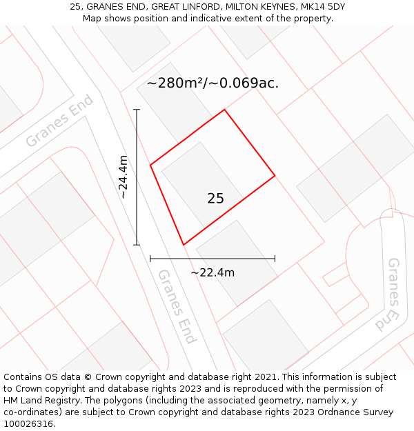 25, GRANES END, GREAT LINFORD, MILTON KEYNES, MK14 5DY: Plot and title map