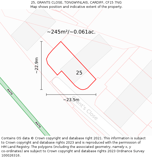 25, GRANTS CLOSE, TONGWYNLAIS, CARDIFF, CF15 7NG: Plot and title map
