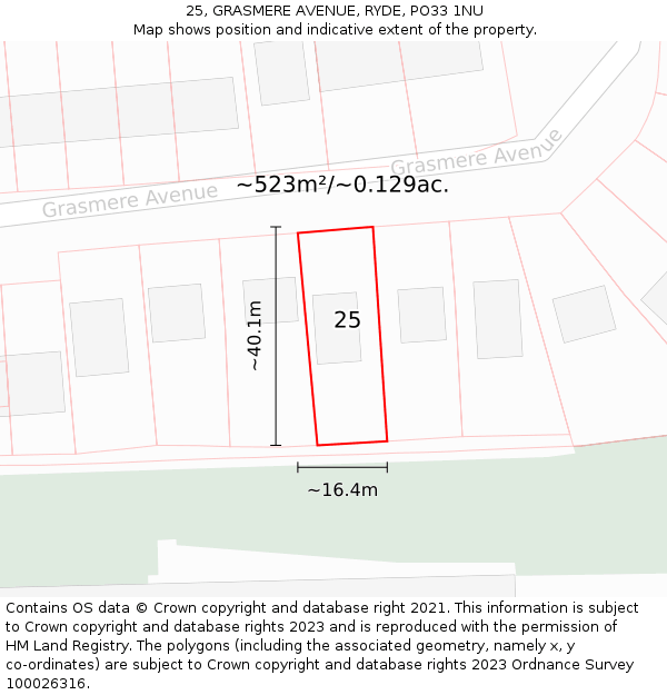 25, GRASMERE AVENUE, RYDE, PO33 1NU: Plot and title map