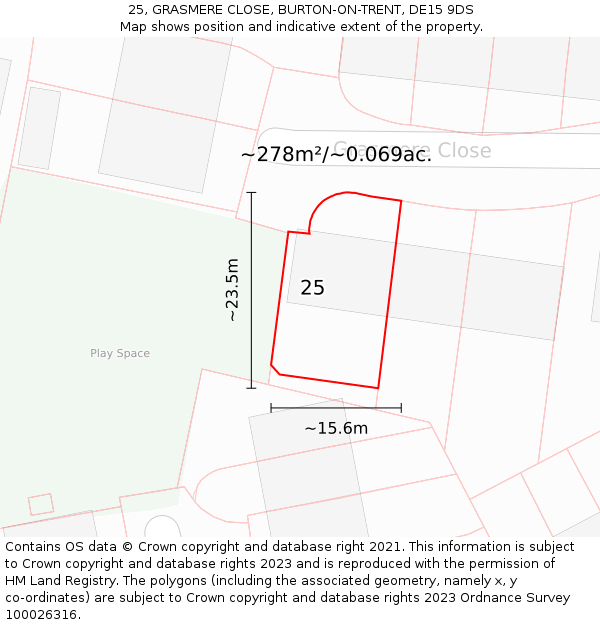 25, GRASMERE CLOSE, BURTON-ON-TRENT, DE15 9DS: Plot and title map