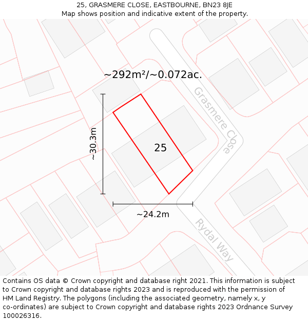 25, GRASMERE CLOSE, EASTBOURNE, BN23 8JE: Plot and title map