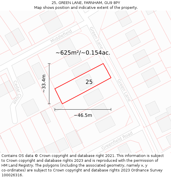25, GREEN LANE, FARNHAM, GU9 8PY: Plot and title map