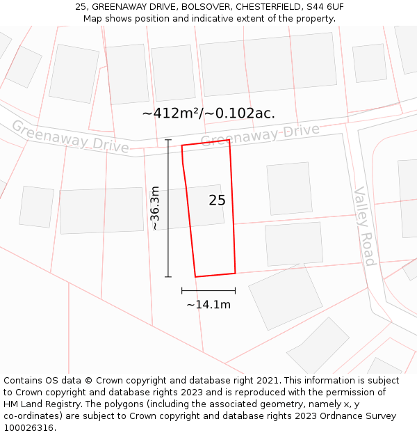 25, GREENAWAY DRIVE, BOLSOVER, CHESTERFIELD, S44 6UF: Plot and title map