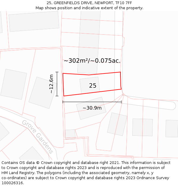 25, GREENFIELDS DRIVE, NEWPORT, TF10 7FF: Plot and title map