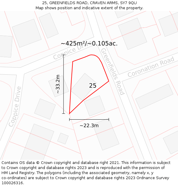 25, GREENFIELDS ROAD, CRAVEN ARMS, SY7 9QU: Plot and title map