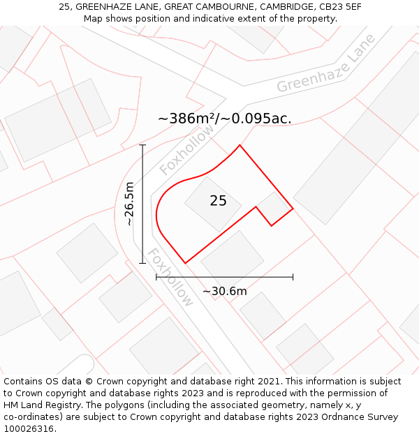 25, GREENHAZE LANE, GREAT CAMBOURNE, CAMBRIDGE, CB23 5EF: Plot and title map