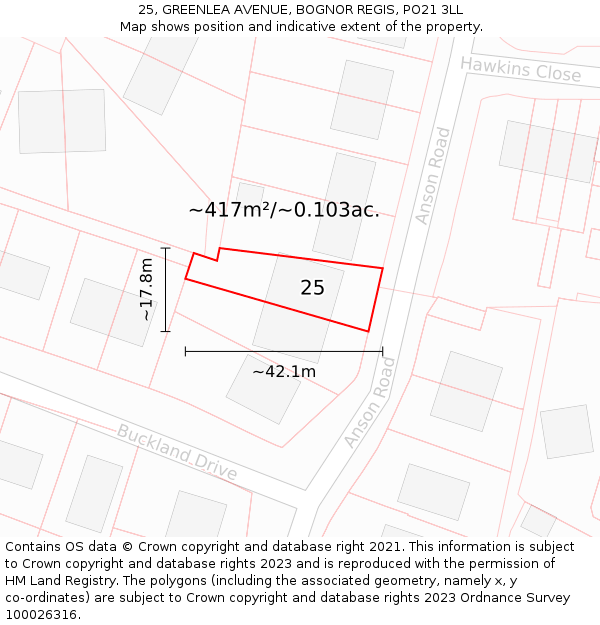 25, GREENLEA AVENUE, BOGNOR REGIS, PO21 3LL: Plot and title map