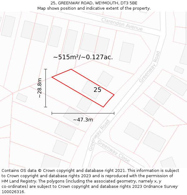 25, GREENWAY ROAD, WEYMOUTH, DT3 5BE: Plot and title map