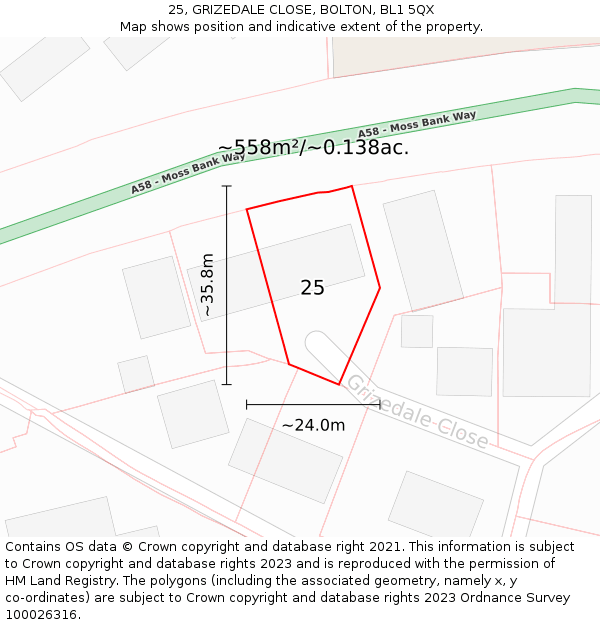 25, GRIZEDALE CLOSE, BOLTON, BL1 5QX: Plot and title map