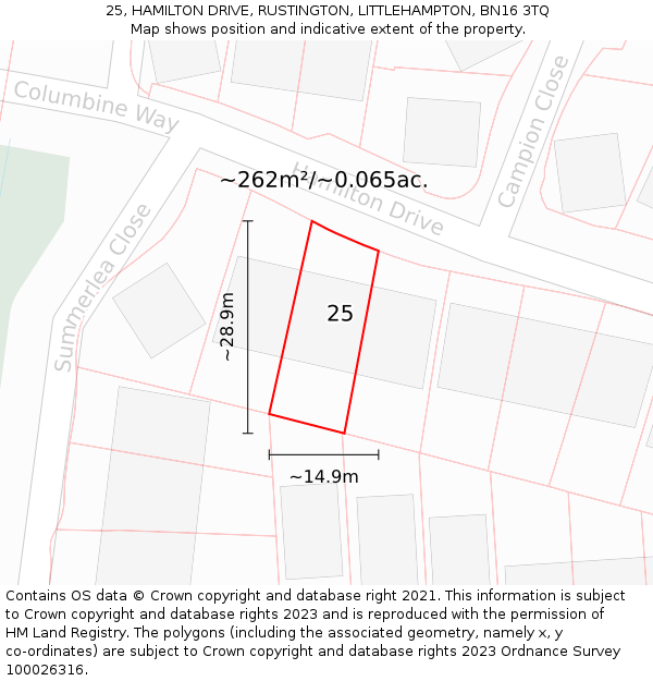 25, HAMILTON DRIVE, RUSTINGTON, LITTLEHAMPTON, BN16 3TQ: Plot and title map