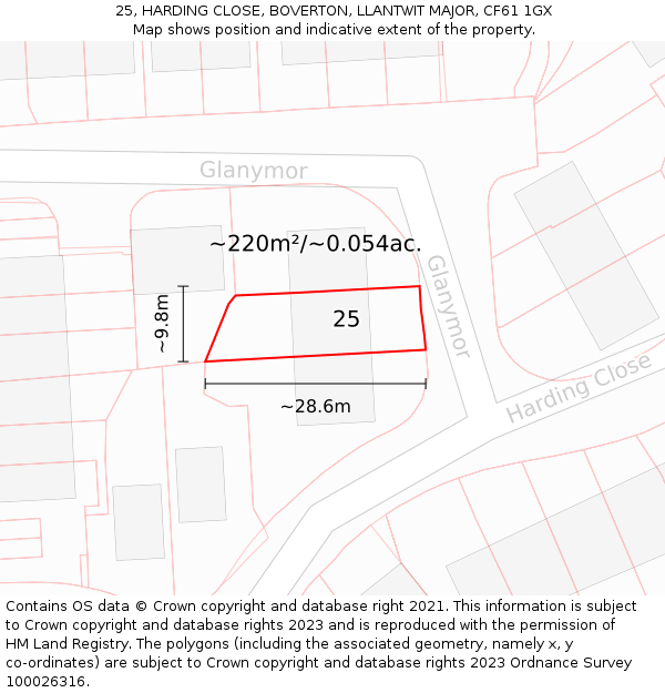 25, HARDING CLOSE, BOVERTON, LLANTWIT MAJOR, CF61 1GX: Plot and title map