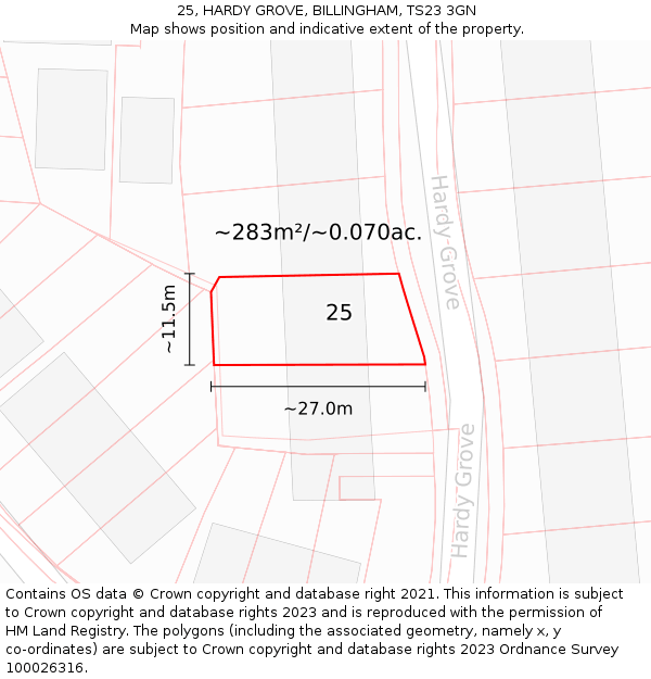 25, HARDY GROVE, BILLINGHAM, TS23 3GN: Plot and title map