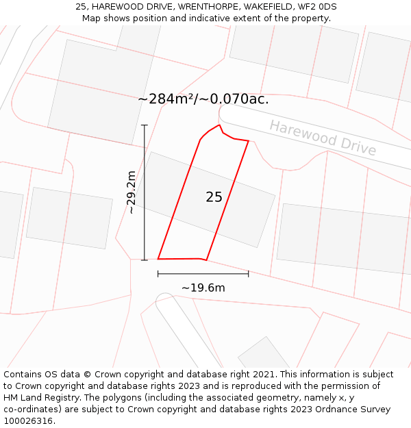 25, HAREWOOD DRIVE, WRENTHORPE, WAKEFIELD, WF2 0DS: Plot and title map