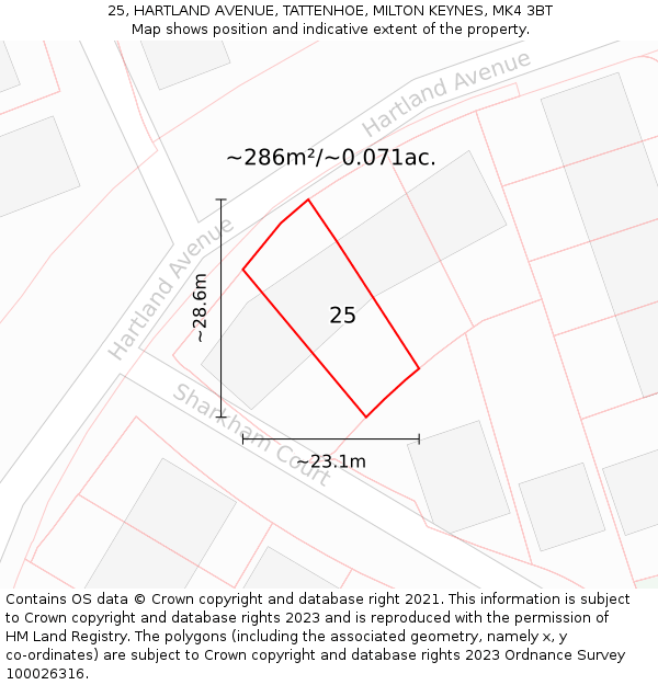 25, HARTLAND AVENUE, TATTENHOE, MILTON KEYNES, MK4 3BT: Plot and title map