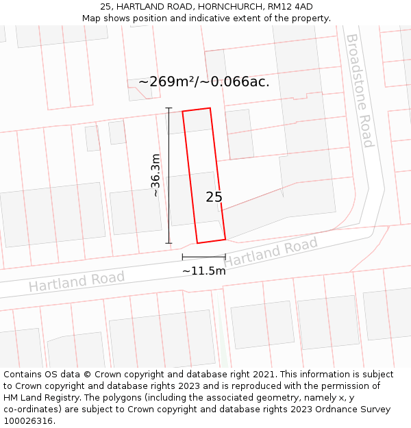 25, HARTLAND ROAD, HORNCHURCH, RM12 4AD: Plot and title map