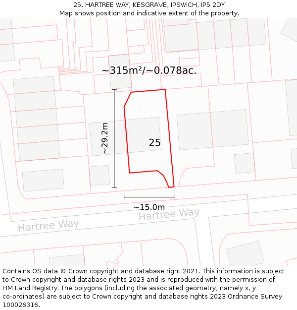 25, HARTREE WAY, KESGRAVE, IPSWICH, IP5 2DY: Plot and title map