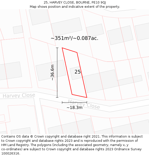 25, HARVEY CLOSE, BOURNE, PE10 9QJ: Plot and title map