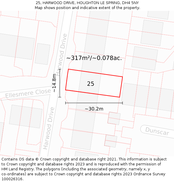 25, HARWOOD DRIVE, HOUGHTON LE SPRING, DH4 5NY: Plot and title map