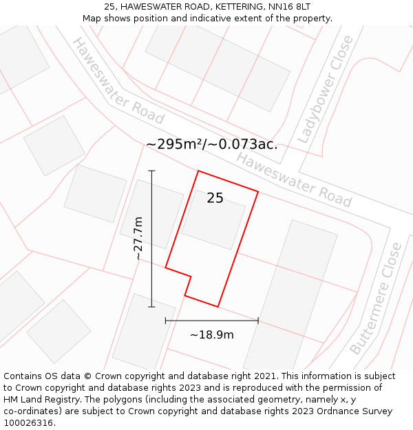 25, HAWESWATER ROAD, KETTERING, NN16 8LT: Plot and title map