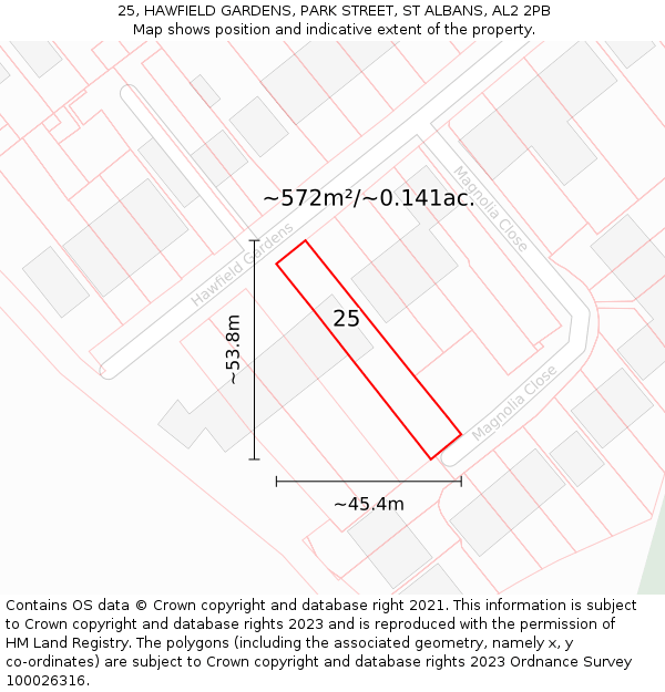 25, HAWFIELD GARDENS, PARK STREET, ST ALBANS, AL2 2PB: Plot and title map