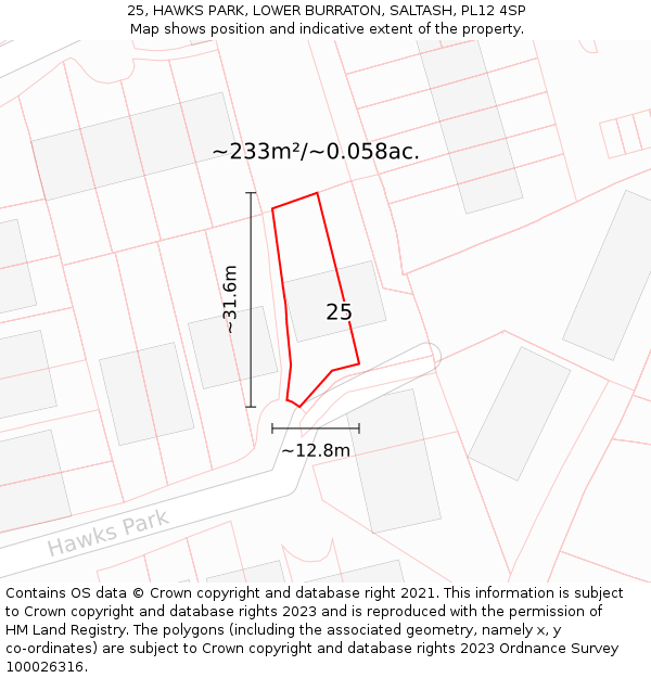 25, HAWKS PARK, LOWER BURRATON, SALTASH, PL12 4SP: Plot and title map