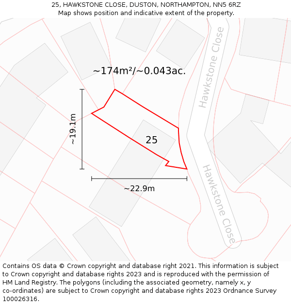 25, HAWKSTONE CLOSE, DUSTON, NORTHAMPTON, NN5 6RZ: Plot and title map