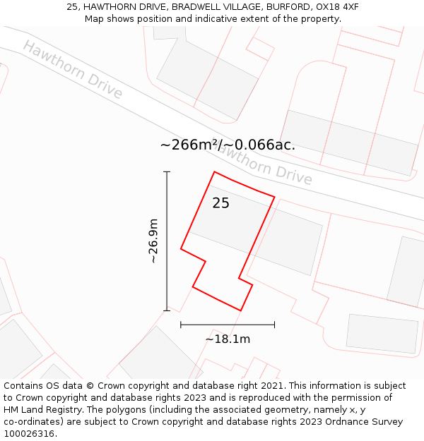 25, HAWTHORN DRIVE, BRADWELL VILLAGE, BURFORD, OX18 4XF: Plot and title map