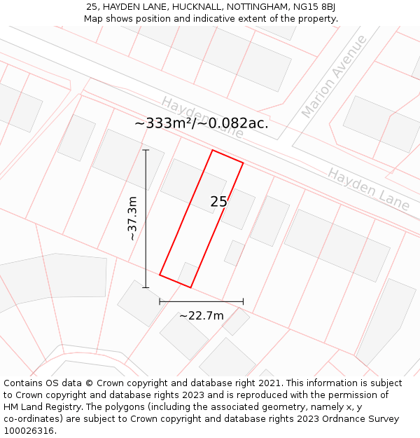 25, HAYDEN LANE, HUCKNALL, NOTTINGHAM, NG15 8BJ: Plot and title map