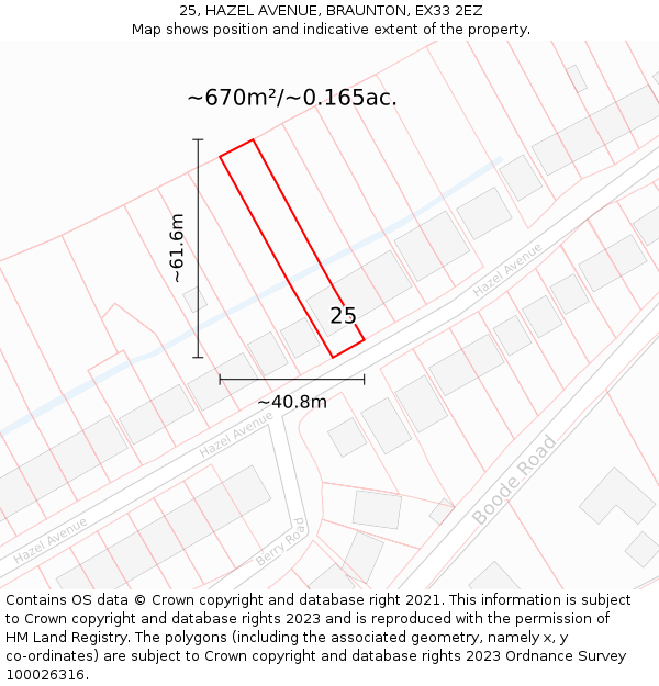 25, HAZEL AVENUE, BRAUNTON, EX33 2EZ: Plot and title map