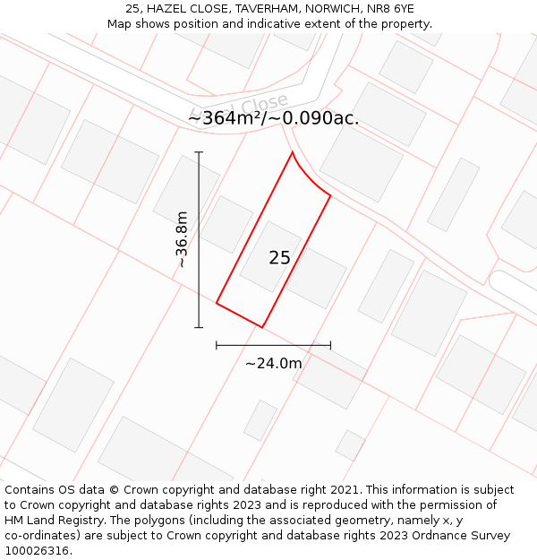 25, HAZEL CLOSE, TAVERHAM, NORWICH, NR8 6YE: Plot and title map