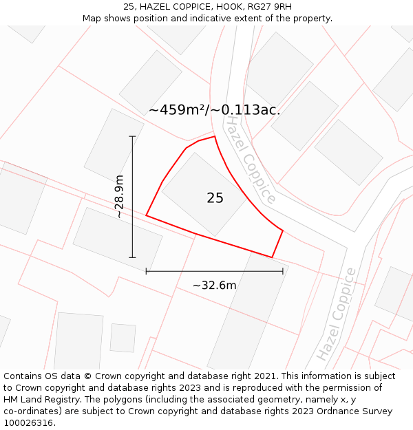 25, HAZEL COPPICE, HOOK, RG27 9RH: Plot and title map