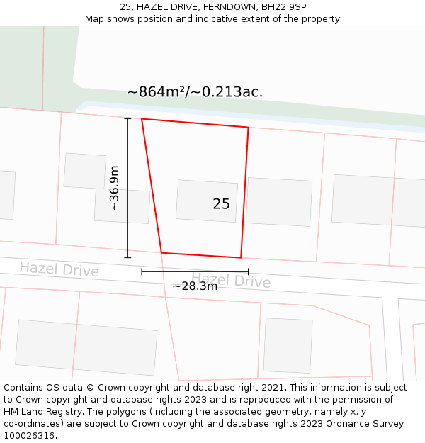 25, HAZEL DRIVE, FERNDOWN, BH22 9SP: Plot and title map