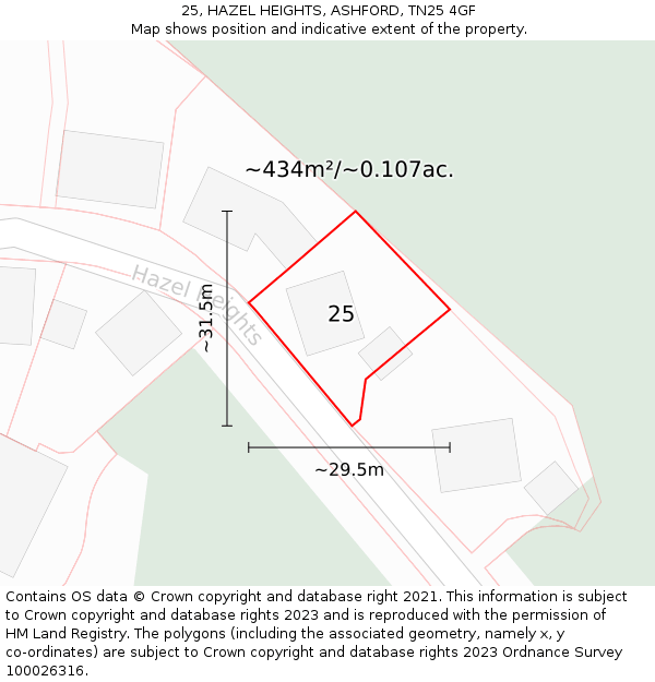 25, HAZEL HEIGHTS, ASHFORD, TN25 4GF: Plot and title map