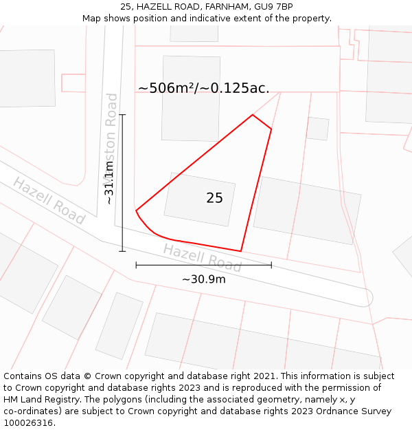 25, HAZELL ROAD, FARNHAM, GU9 7BP: Plot and title map