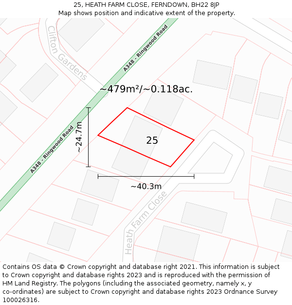 25, HEATH FARM CLOSE, FERNDOWN, BH22 8JP: Plot and title map