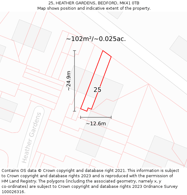 25, HEATHER GARDENS, BEDFORD, MK41 0TB: Plot and title map