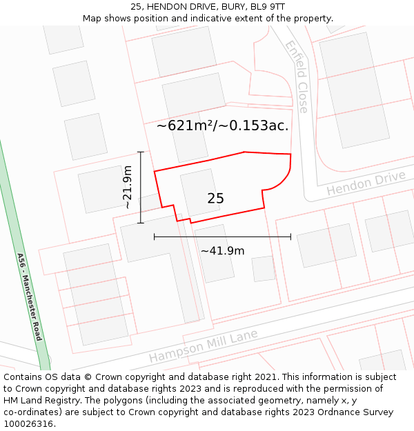 25, HENDON DRIVE, BURY, BL9 9TT: Plot and title map