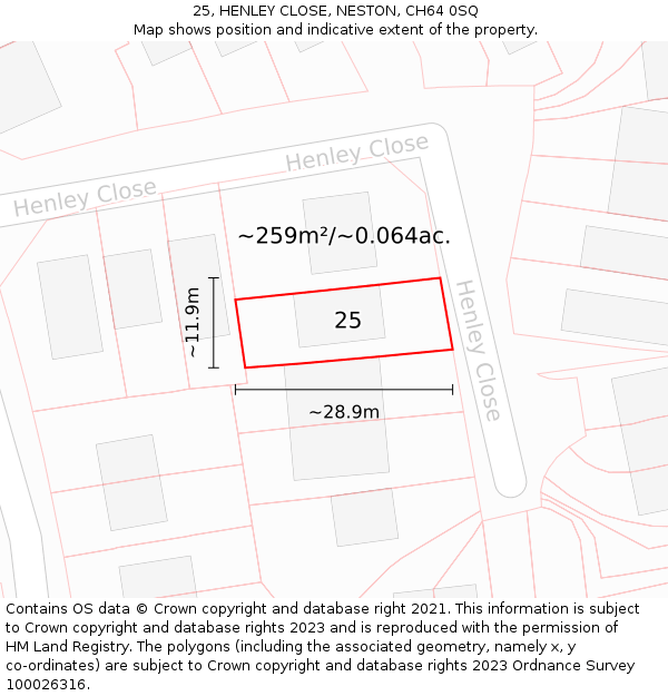 25, HENLEY CLOSE, NESTON, CH64 0SQ: Plot and title map