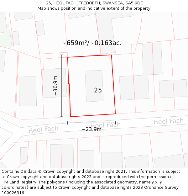 25, HEOL FACH, TREBOETH, SWANSEA, SA5 9DE: Plot and title map