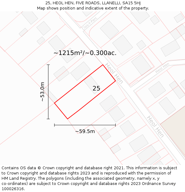 25, HEOL HEN, FIVE ROADS, LLANELLI, SA15 5HJ: Plot and title map