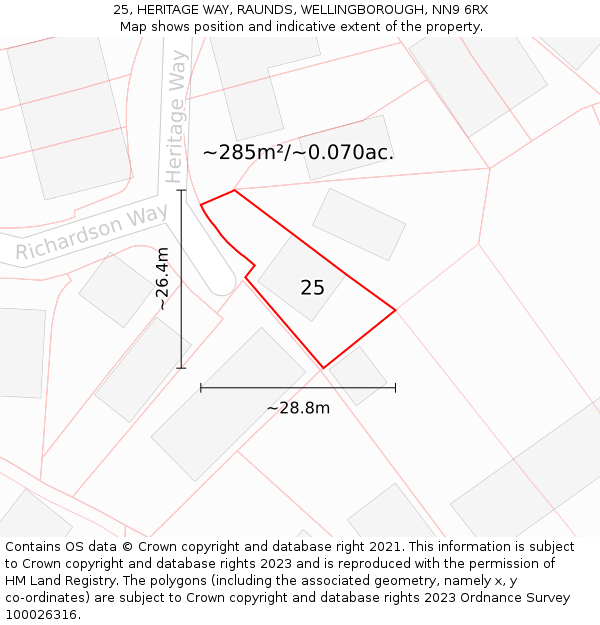 25, HERITAGE WAY, RAUNDS, WELLINGBOROUGH, NN9 6RX: Plot and title map