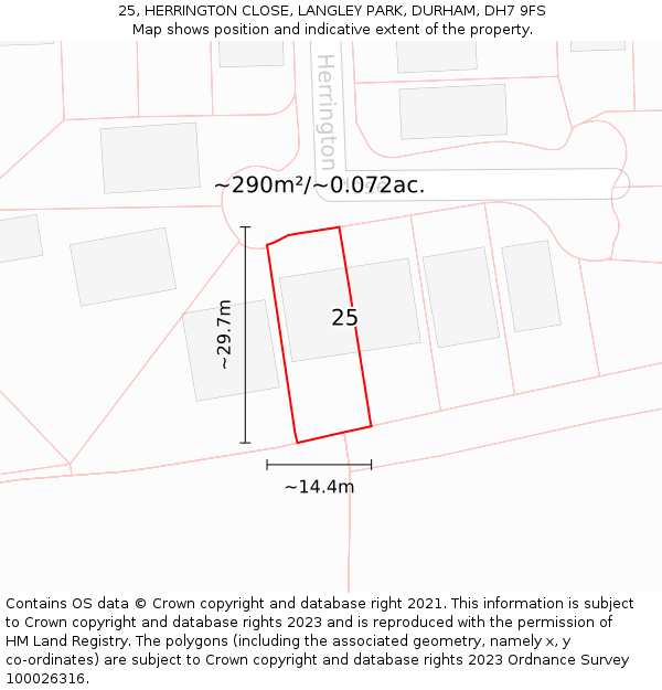 25, HERRINGTON CLOSE, LANGLEY PARK, DURHAM, DH7 9FS: Plot and title map