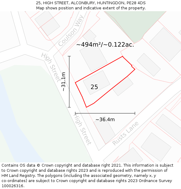 25, HIGH STREET, ALCONBURY, HUNTINGDON, PE28 4DS: Plot and title map