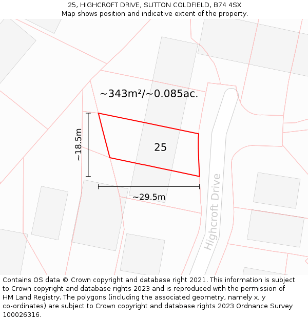 25, HIGHCROFT DRIVE, SUTTON COLDFIELD, B74 4SX: Plot and title map