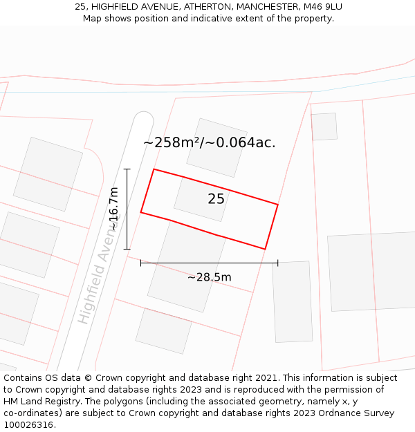 25, HIGHFIELD AVENUE, ATHERTON, MANCHESTER, M46 9LU: Plot and title map