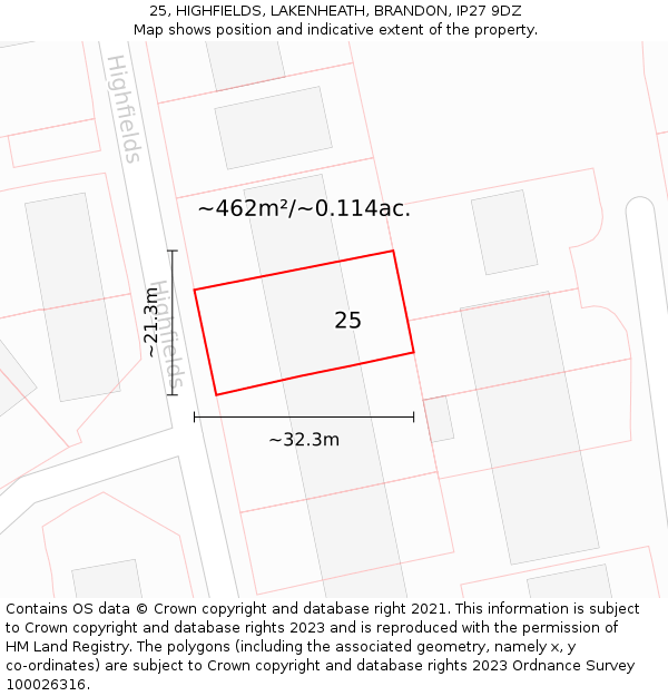 25, HIGHFIELDS, LAKENHEATH, BRANDON, IP27 9DZ: Plot and title map