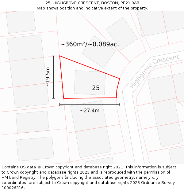 25, HIGHGROVE CRESCENT, BOSTON, PE21 9AR: Plot and title map