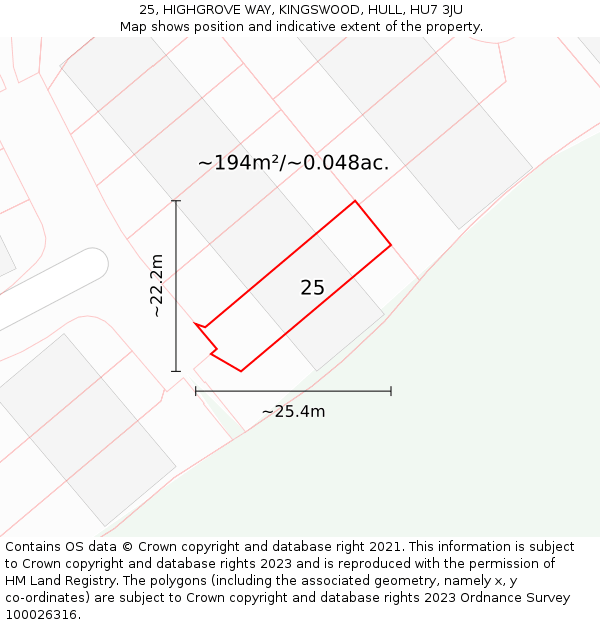 25, HIGHGROVE WAY, KINGSWOOD, HULL, HU7 3JU: Plot and title map