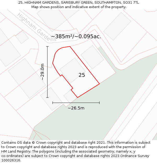 25, HIGHNAM GARDENS, SARISBURY GREEN, SOUTHAMPTON, SO31 7TL: Plot and title map